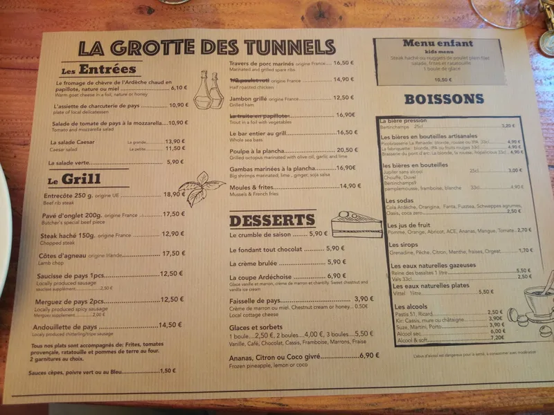 menu 2 of Restaurant La Grotte Des Tunnels