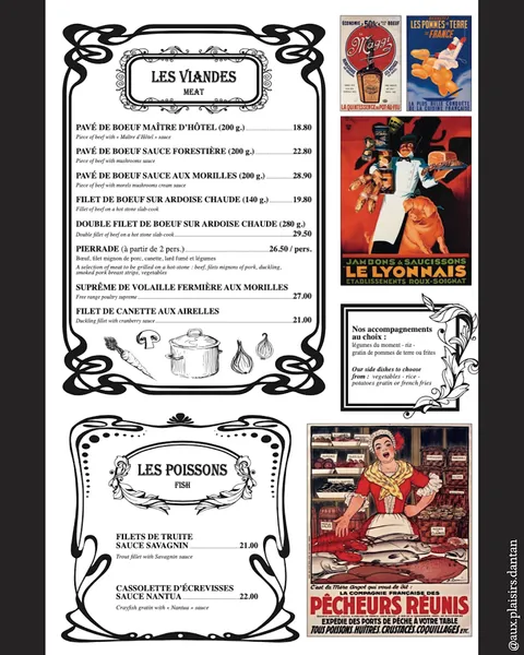 menu 1 of Aux Plaisirs d'Antan