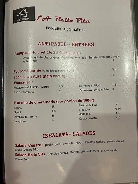 menu 0 of La Bella Vita (Cuisine italienne)