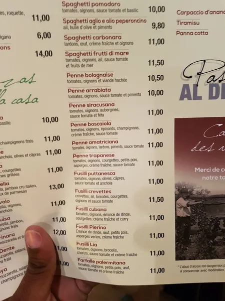 menu 0 of Pasta Al Dente