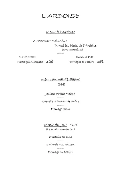 menu 0 of L'Ardoise