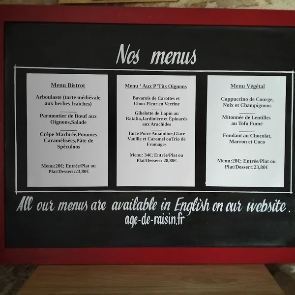 menu 0 of L'Age de Raisin