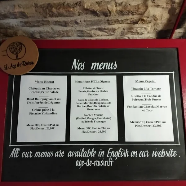 menu 1 of L'Age de Raisin
