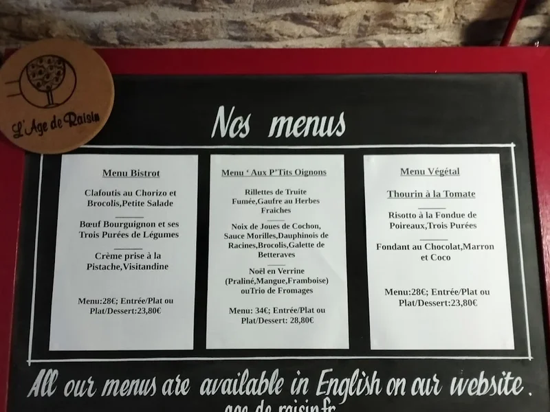 menu 1 of L'Age de Raisin