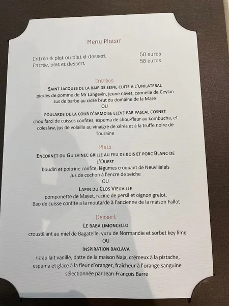 menu 1 of Restaurant l'Auberge de Bagatelle