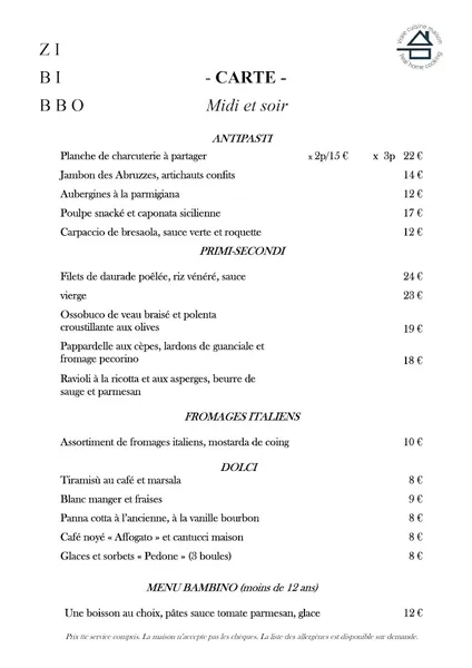 menu 0 of Zibibbo Ristorante