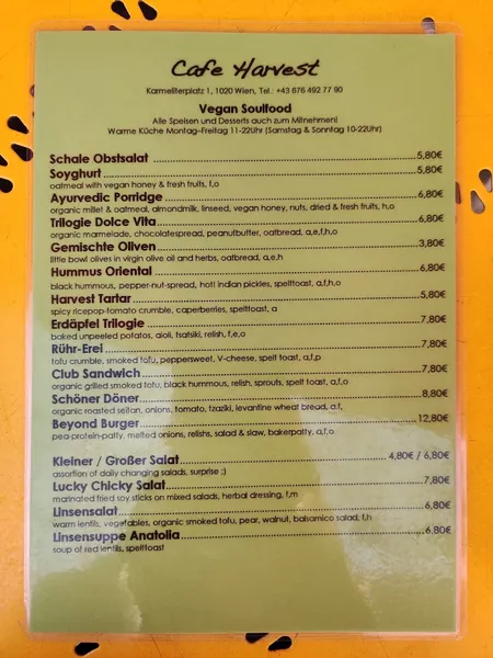 menu 2 of Cafe Harvest