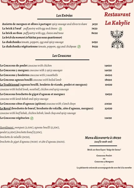 menu 2 of La Kabylie