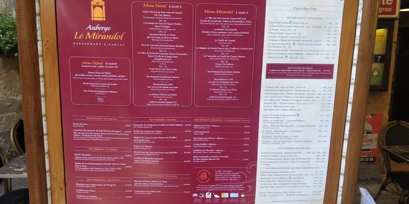 menu 2 of Auberge Le Mirandol