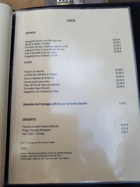 menu 2 of L'Epicurien