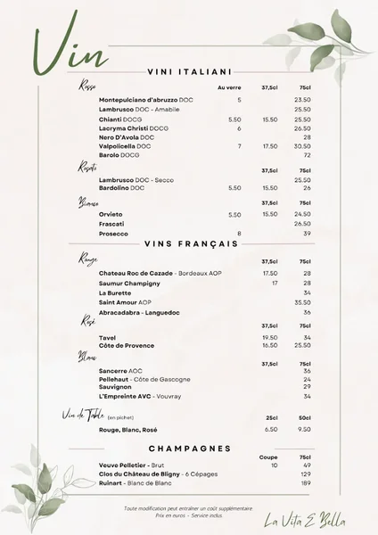 menu 2 of La Vita È Bella