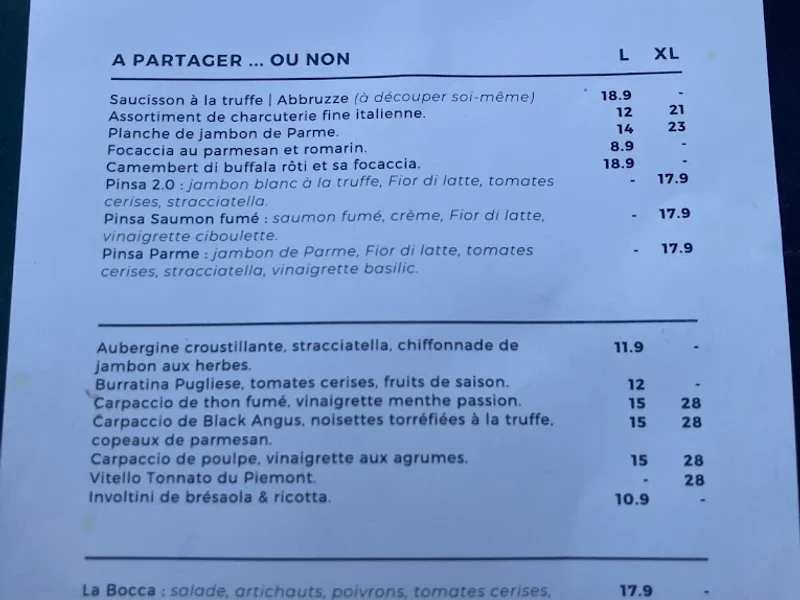 menu 0 of La Bocca