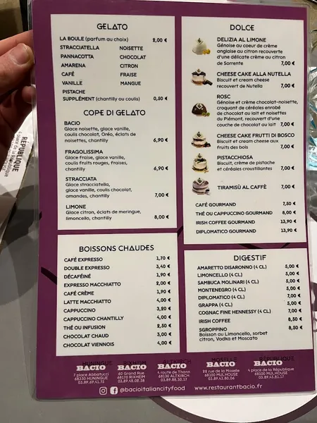 menu 1 of Bacio Mulhouse Moselle