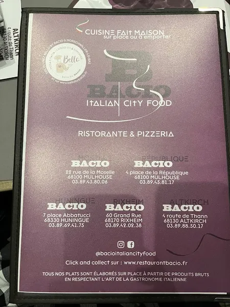 menu 2 of Bacio Mulhouse Moselle