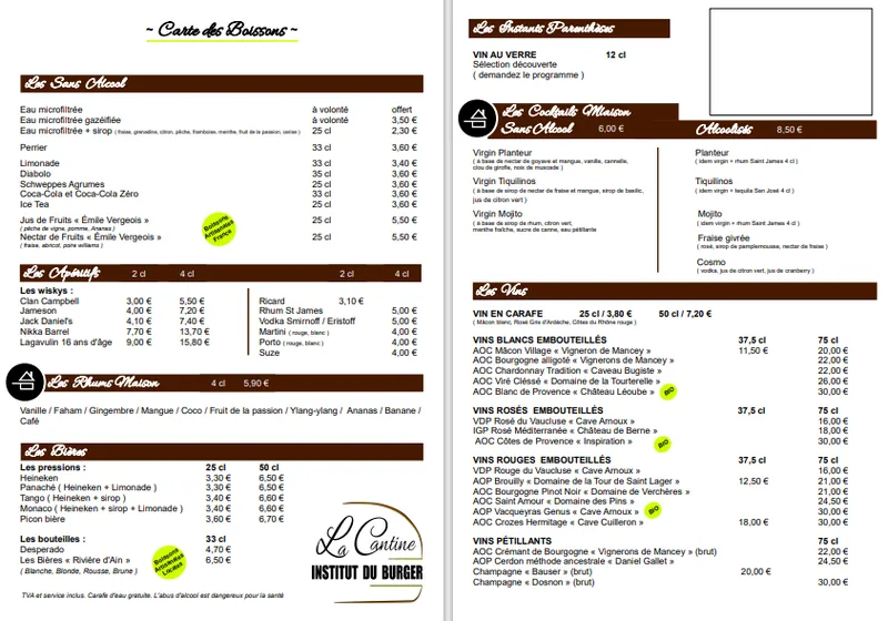 menu 1 of La Cantine - INSTITUT DU BURGER -