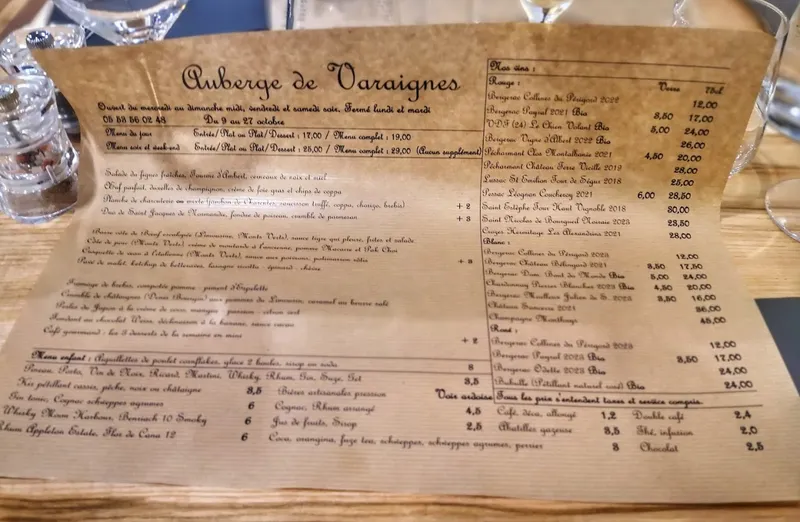 menu 0 of Auberge de Varaignes