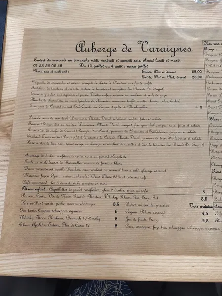 menu 2 of Auberge de Varaignes