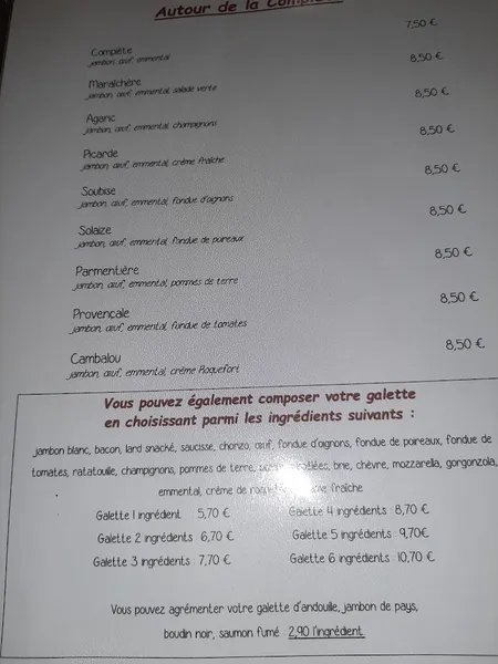 menu 2 of Crêperie la Marotte
