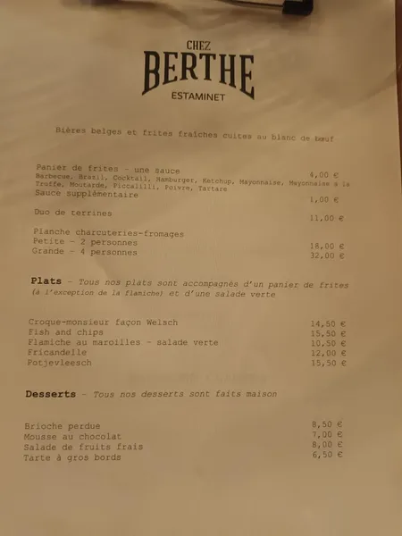 menu 0 of Chez Berthe Estaminet