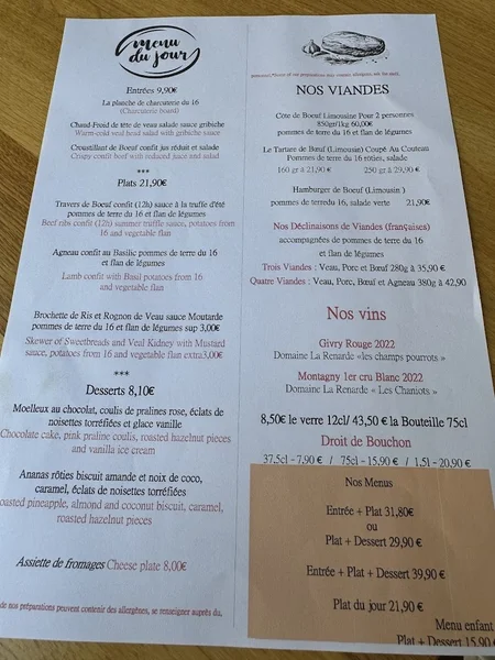 menu 1 of Boucherie Resto du 16