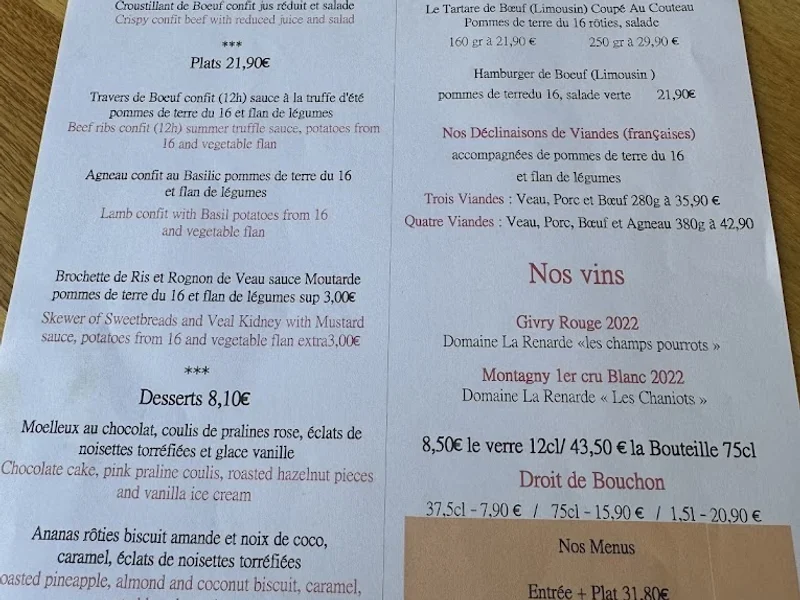 menu 1 of Boucherie Resto du 16
