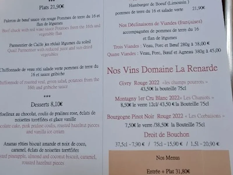 menu 2 of Boucherie Resto du 16