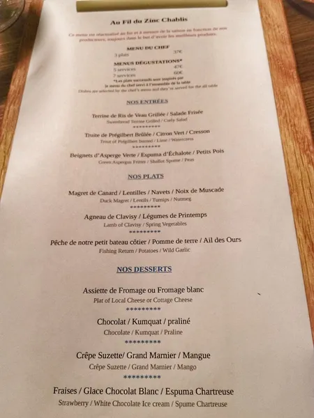 menu 2 of Au Fil du Zinc