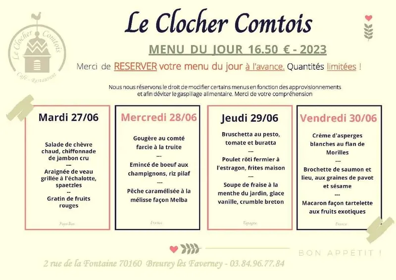 menu 1 of Restaurant LE CLOCHER COMTOIS - Haute-Saône 70