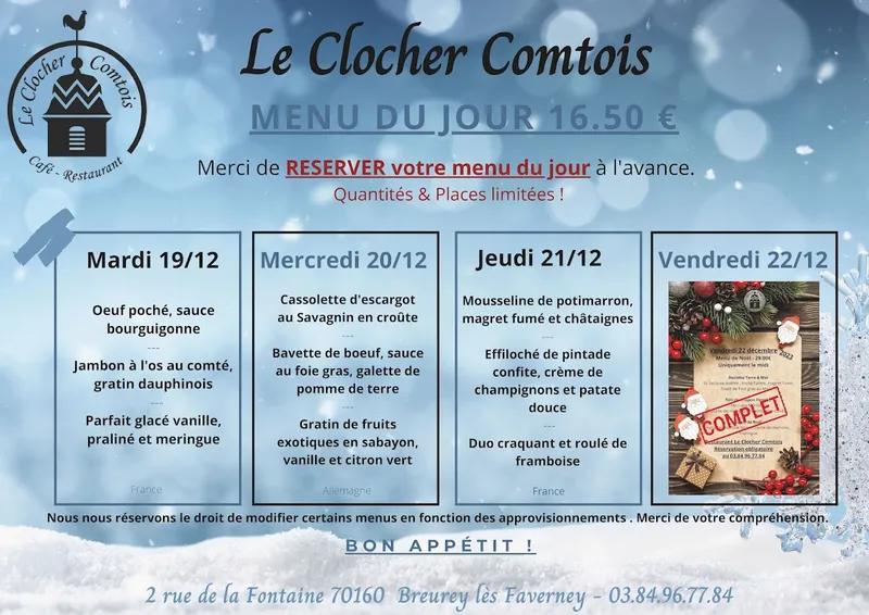 menu 2 of Restaurant LE CLOCHER COMTOIS - Haute-Saône 70