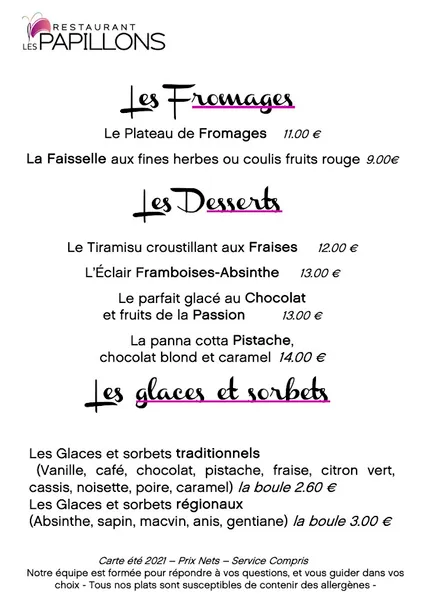 menu 2 of Restaurant Les Papillons - Brasserie de Montagne