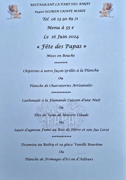 menu 2 of La Part Des Anges