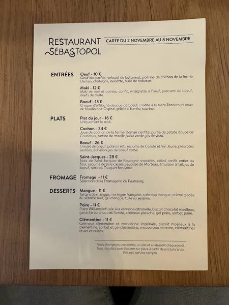 menu 2 of Restaurant Sébastopol