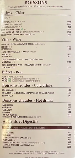 menu 1 of La Crêperie