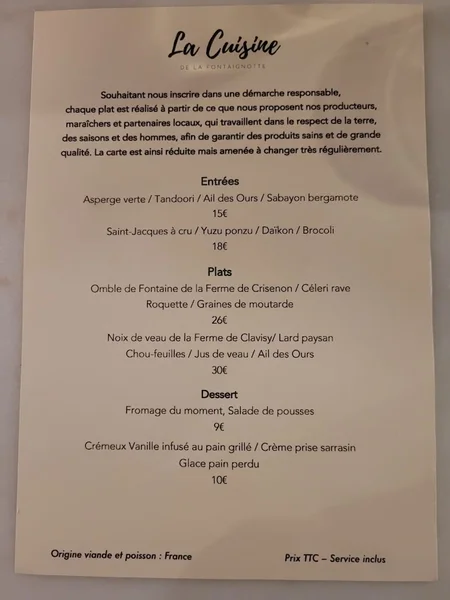 menu 0 of La Cuisine de la Fontaignotte