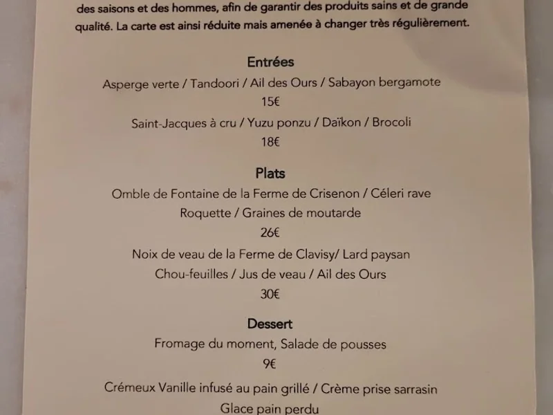 menu 0 of La Cuisine de la Fontaignotte