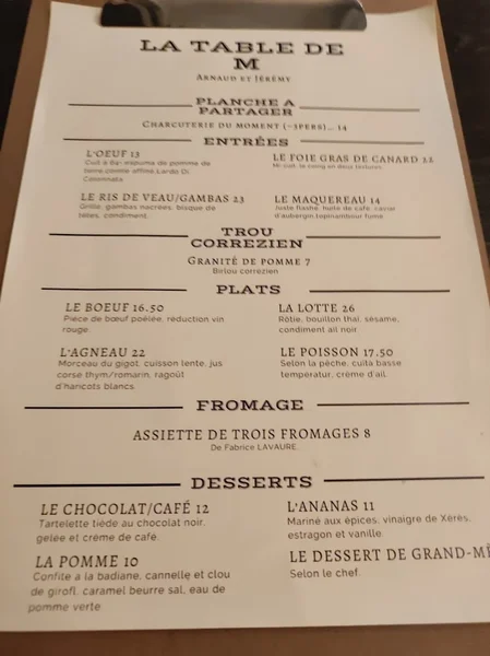 menu 1 of La Table de M