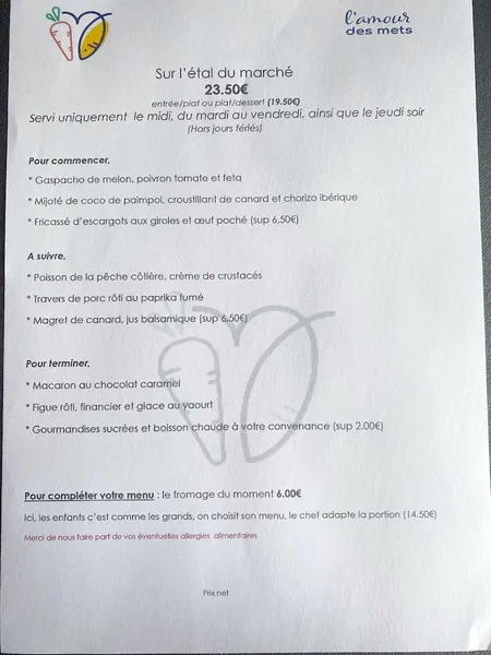 menu 1 of L'amour des mets
