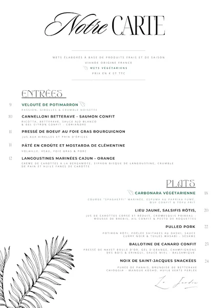 menu 0 of Restaurant Le Jardin - Nantes Orvault