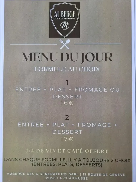 menu 2 of Auberge des 4 générations