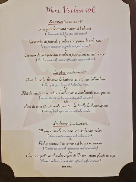 menu 0 of Restaurant le Vauban