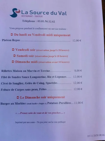 menu 0 of La Source du Val