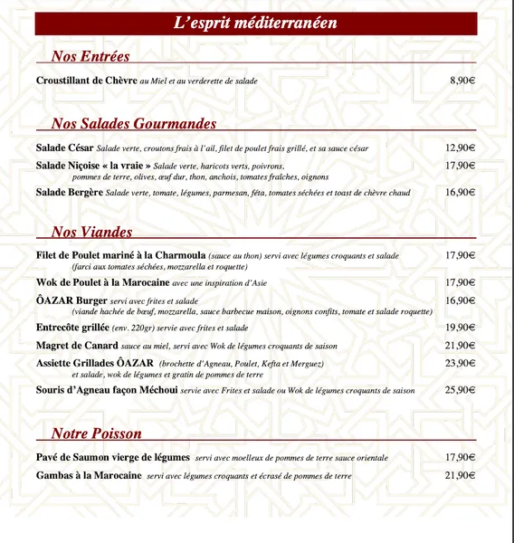 menu 2 of Restaurant ÔAZAR