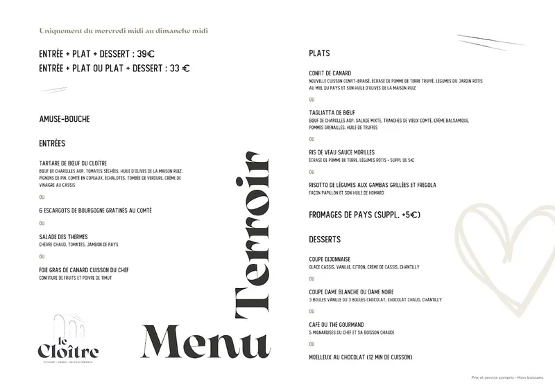 menu 0 of Restaurant du Cloître de Bourbon-Lancy