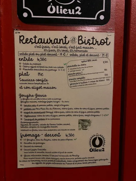 menu 1 of ÔLIEU 2: Restaurant Bistrot - Produits artisanaux et/ou locaux