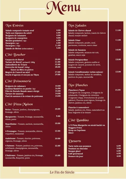 menu 0 of Le Fin de Siècle