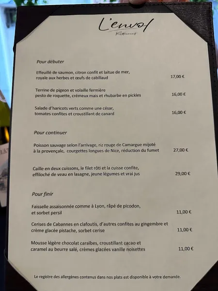 menu 0 of L'envol Restaurant
