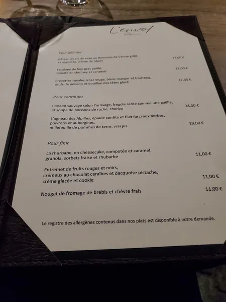 menu 1 of L'envol Restaurant