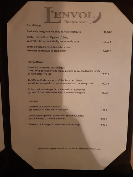 menu 2 of L'envol Restaurant