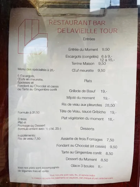 menu 2 of Restaurant de la Vieille Tour