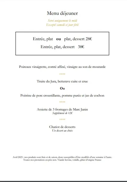 menu 1 of Loiseau du Temps